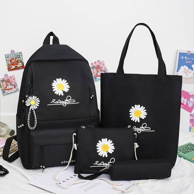 Mochila escolar de lona con margaritas para mujer, bolso escolar para adolescentes, chicas y estudiantes, bolsa para libros, 4 unids/set por Set Fivean unisex