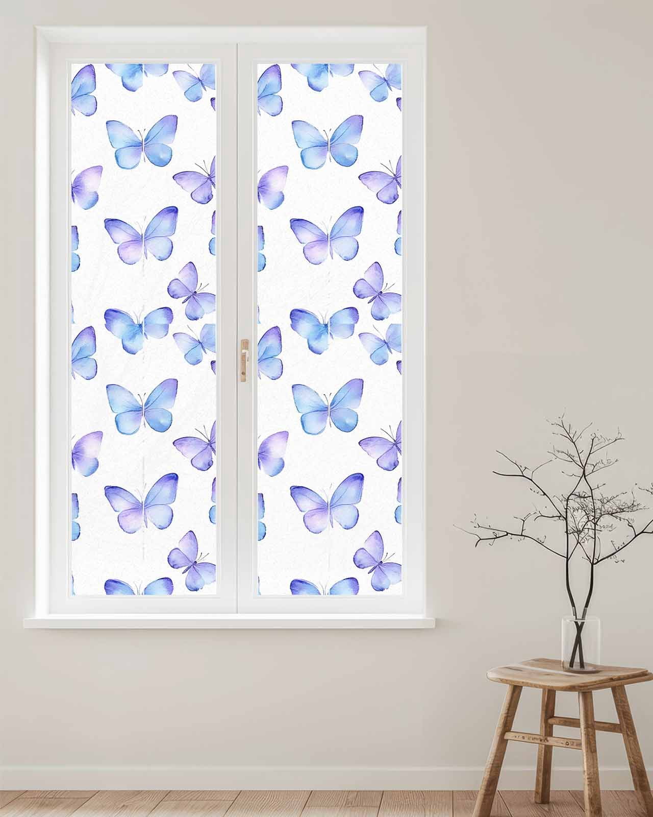 Window Privacy Film Blue Purple Butterfly Stained Glass Window Film Decorative Sun Block Window Cover Elegance Watercolors Butterflies Window Clings Static Adhesive Sticker for Bathroom 17.7"x78.7"