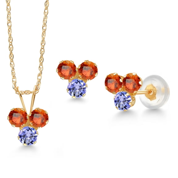 Gem Stone King 14K Yellow Gold Orange Sapphire and Blue Tanzanite 3 Stone Pendant and Earrings Jewelry Set for Women (1.42 Cttw, Round 3MM, with 18 inch Chain)