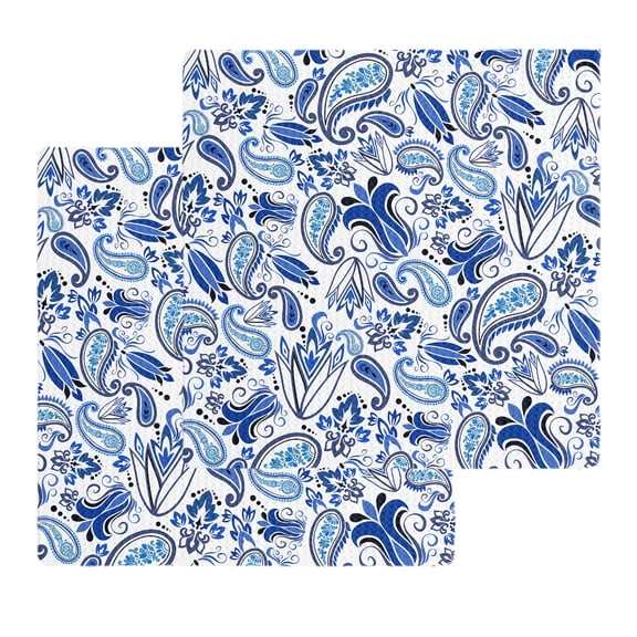 Boho Blue Floral Kitchen Dish Towels for Drying Dishes Set of 2, Farmhouse Botanical Vintage Paisley Flower Waffle Weave Microfiber Hand Tea Bathroom Towels Quick Dry & Absorbent Towel 12x12