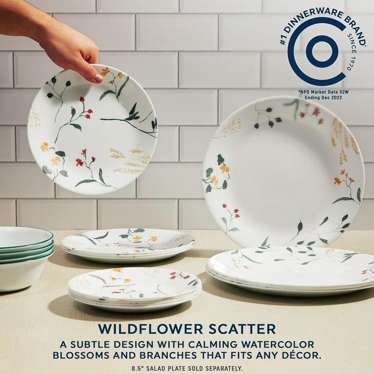 Corelle Vitrelle 18 Piece Glass Dinnerware Sets Service for 6 Triple Layer Chip Crack Resistant Glass Plate and Bowl Sets Wildflower