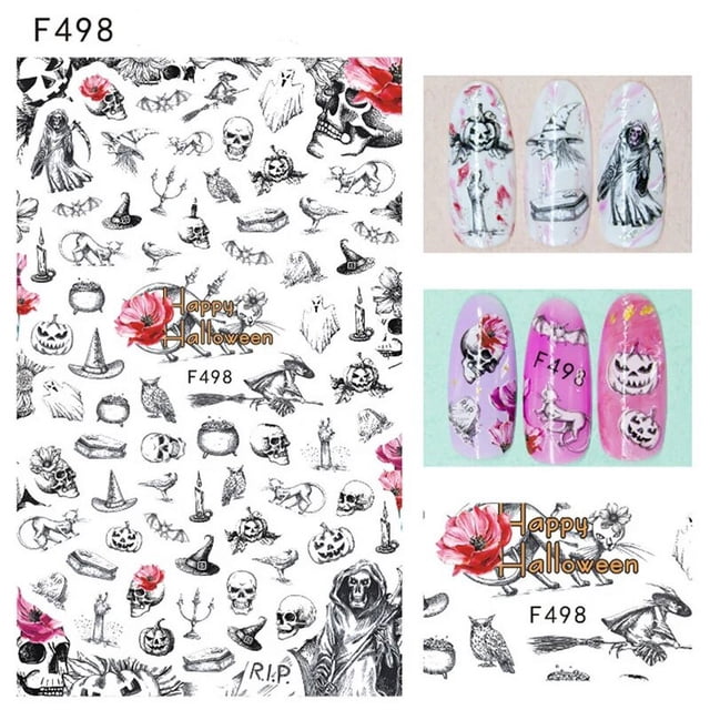 Adorno de uñas de Halloween, pegatina de dibujos animados, Araña, Calavera, huesos, calabaza, escalofriante, accesorios de Arte de uñas, diseño de calcomanía de uñas DIY