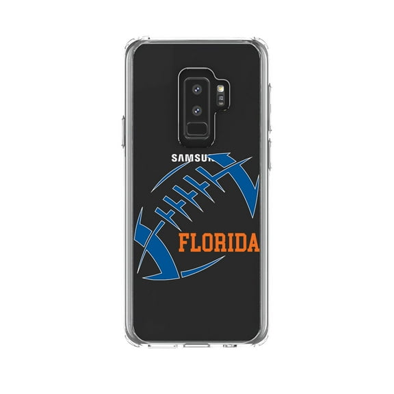 DistinctInk Clear Shockproof Hybrid Case for Samsung Galaxy S9  PLUS (6.2" Screen) - TPU Bumper, Acrylic Back, Tempered Glass Screen Protector - Florida Football - Orange, Blue