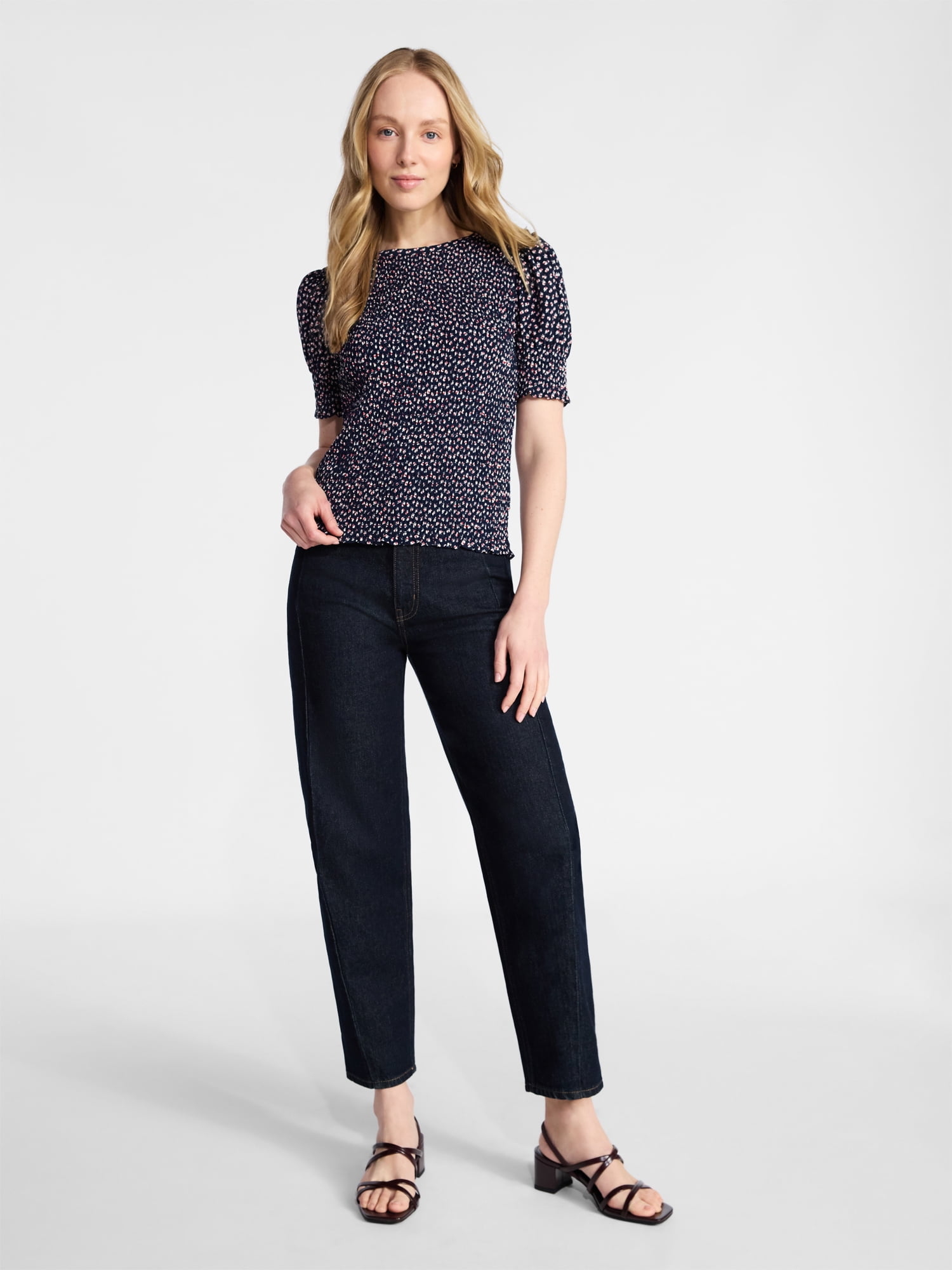 Time and Tru Women's Smocked Top with Short Puff Sleeves, Sizes XS-XXXL