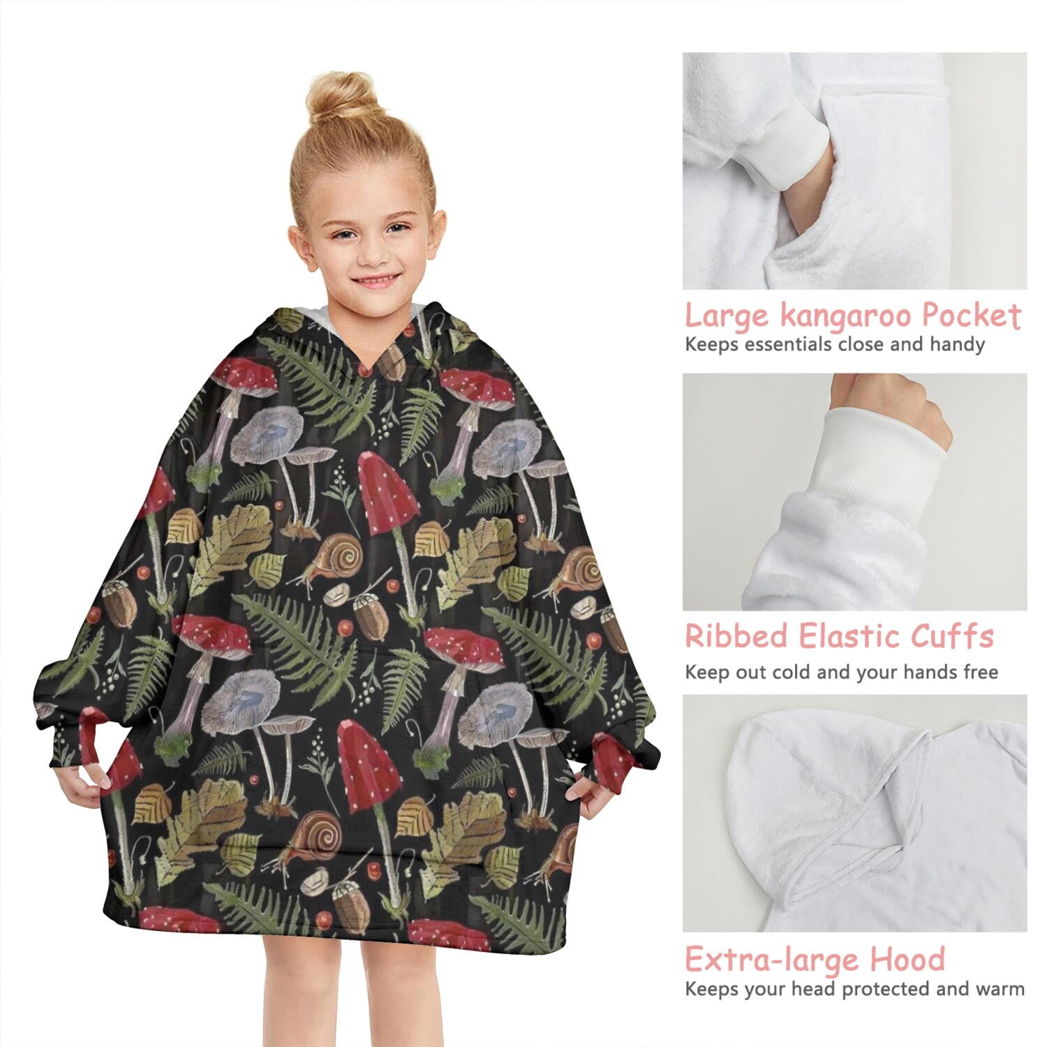 Red Mushroom Fern Black Pattern Blanket Hoodies for Kids 6-13YR Oversize Wearable Blanket Hoodies for Boys Girls Teens