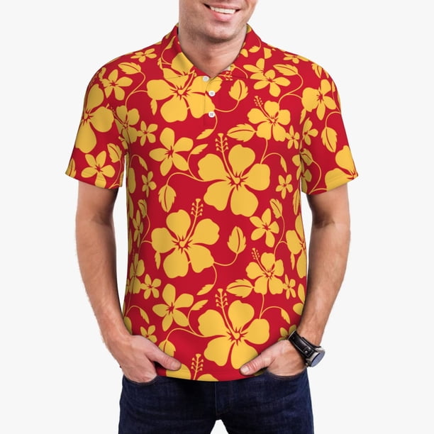 Balery Red Vintage Flowers Camisa Polo de Hombre con Estampado, de Manga Corta y Tejido Medio, Camisa Tipo Golf Polo-Small