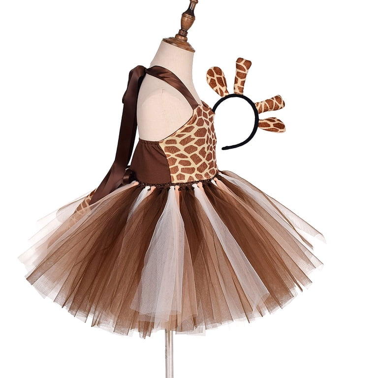Jungle Animal Tutu Dress For Toddler Girls - Cow Giraffe Zebra Print One Shoulder Costume With Hair Bow For Halloween & Birthday