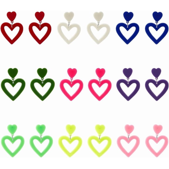 9 Pairs Double Heart Earrings Dangling Acrylic Red Heart Earrings Colorful Valentine's Day Earrings Pink Heart Dangle Earrings Love Heart Stud Earrings Jewelry