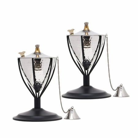 Legends Direct Set of 2, Amsterdam Premium Metal Tabletop Torches Outdoor, Tall- Tiki Style /w Snuffer, Fiberglass Wick & Large 32oz Oil Lamp for Deck, Patio, Lawn, Garden, Luau (Hammered Nickel)