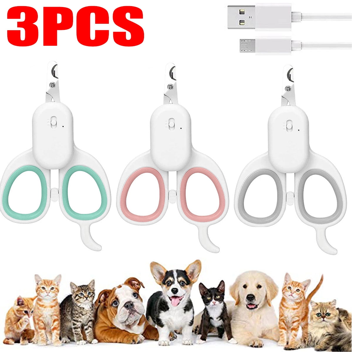3PCS Pet Nail Clippers, Pet Nail Trimmer for Cats and Dogs, with Led