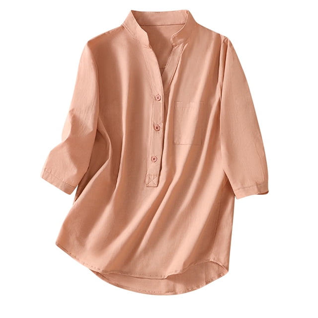 Camisas Para Mujer Cuello en V Color Sólido Tubo Abierto Botón Moda Casual Retro Manga 3/4 Camiseta Tops Blusa Odeerbi ODB128386
