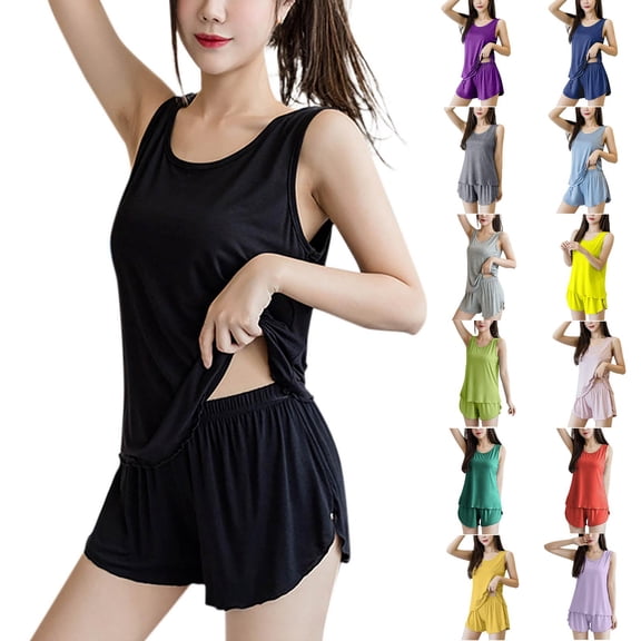 Amkhujs Pajamas for Women Set Tank Top and Shorts 2 Piece Nightwear Women Pajama Set Round Neck Summer Sleepwear Set