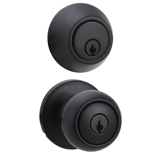 Amazon Basics - Perilla para puerta exterior con cerradura con llave y cerrojo, color negro mate
