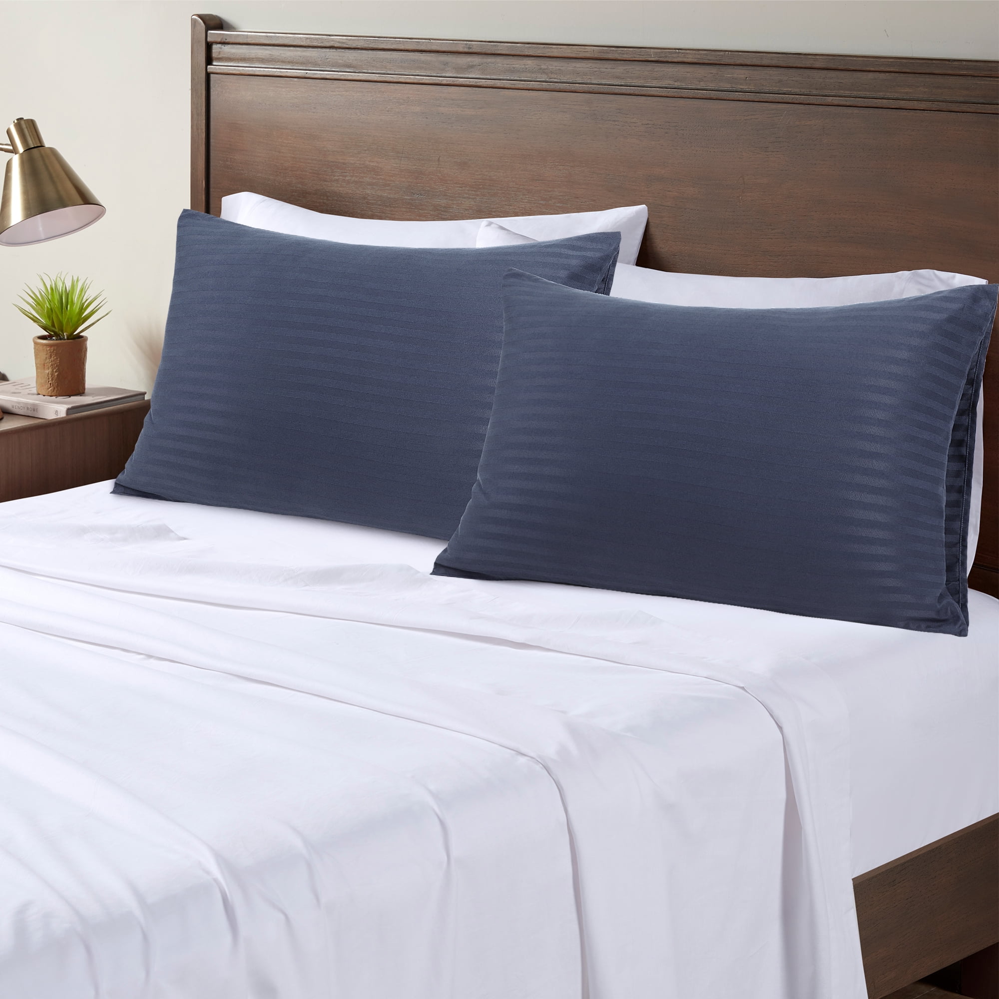 Unique Bargains Soft Durable Set of 2 Microfiber Striped Pillowcase Navy Blue Queen (20"x30")
