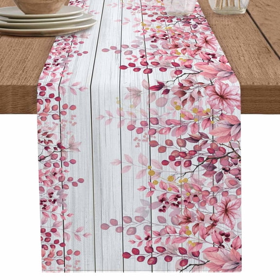 nqOlkjepod Pink Eucalyptus Leaves Table Runner 72 Inches Long Farmhouse Dress Scarves, Summer Botanical Farmhouse Rustic Wood Dining Tablerunner for Coffee Table/Kitchen Island/Party Décor, 13"x72"