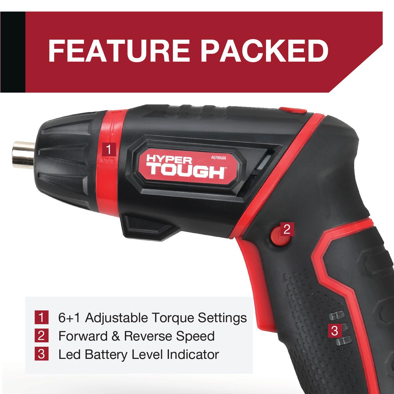Hyper Tough 4V Max Lithium-Ion Cordless Rotating Power Screwdriver 1/4 inch Size with Charger, Rotating Handle, LED Light, Magnetic Bit Holder & Bits - image 3 of 18