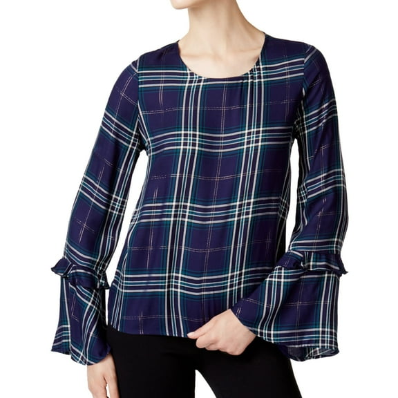Maison Jules Womens Plaid Knit Blouse