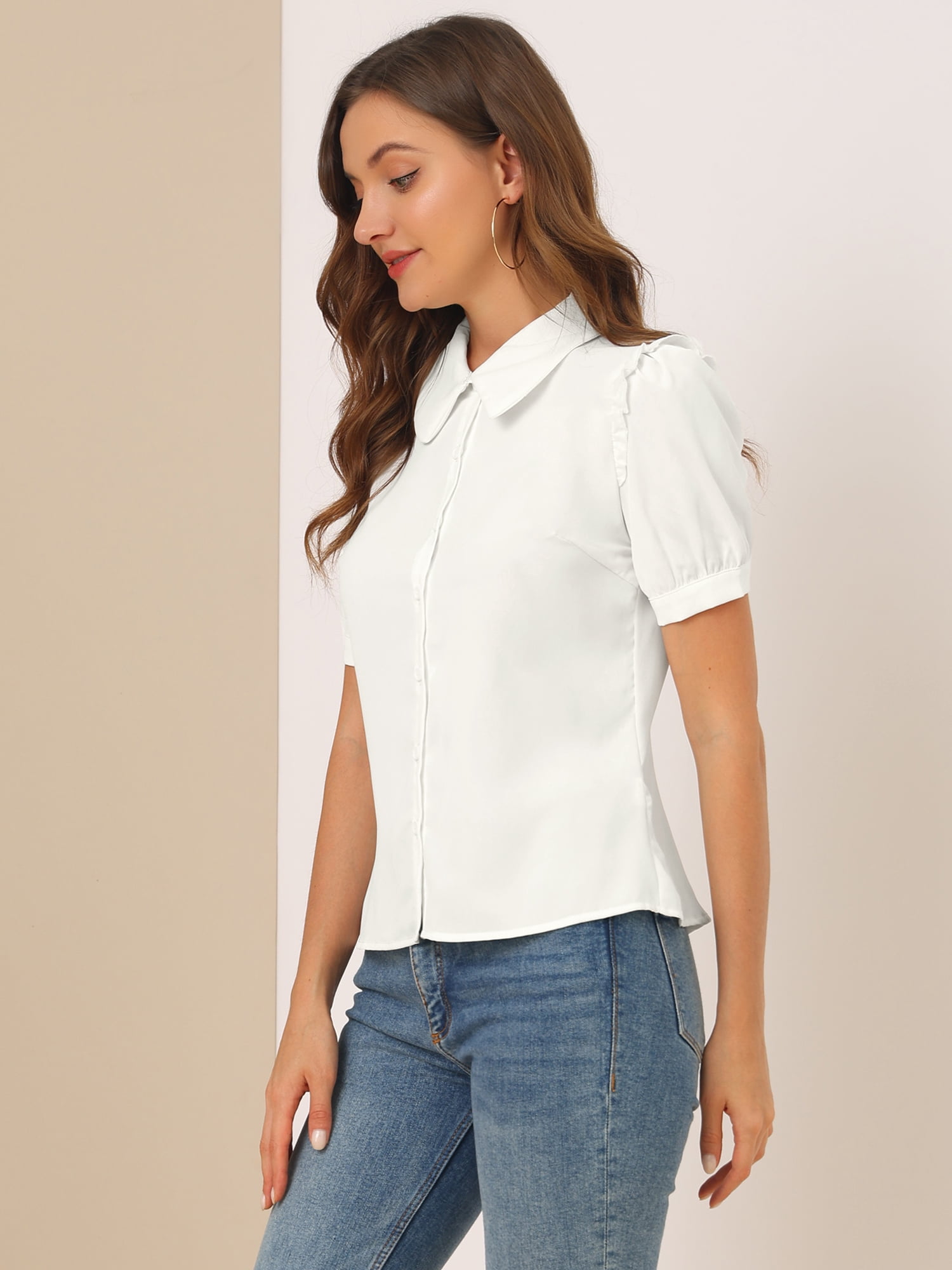 DARING DIVA Women's Peter Pan Collar Short Sleeve Button Front Shirts M White