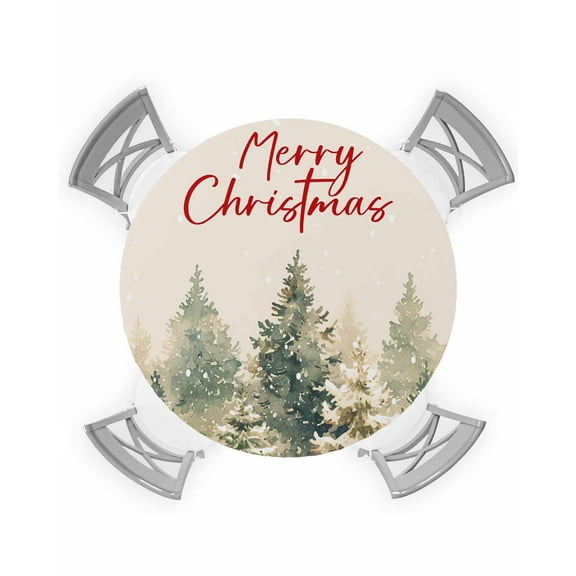 Christmas Tree Table Cloth, Round Fitted Tablecloths with Elastic Edge, Watercolor Green Xmas Tree Snowflake Wipeable Waterproof Table Cover for Kitchen Wedding 36-44 Inches