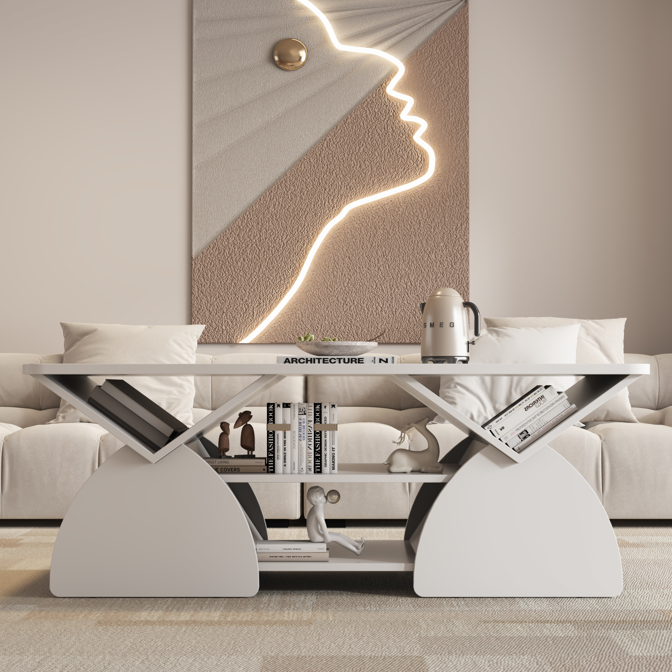 Noble House Arwick 47.24" Rectangular Coffee Table, Wooden Rounded Corners Tea Table, Geometric Open Shelves, White