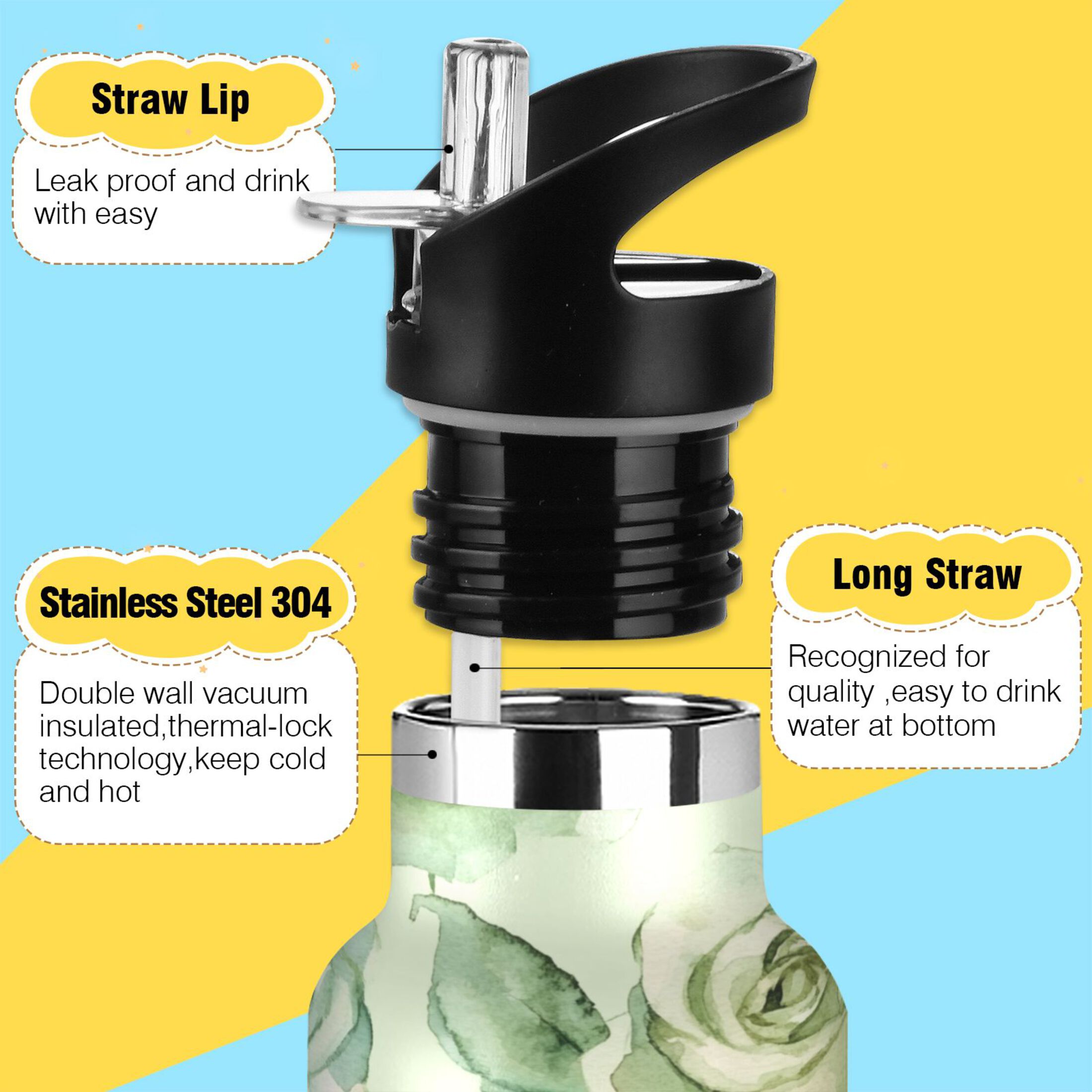 600ML Stainless Steel Insulated Cup Sports Water Bottle Portable Thermos Cup Water Glasses Insulated Tumblers Convenient and Durable Green Roses