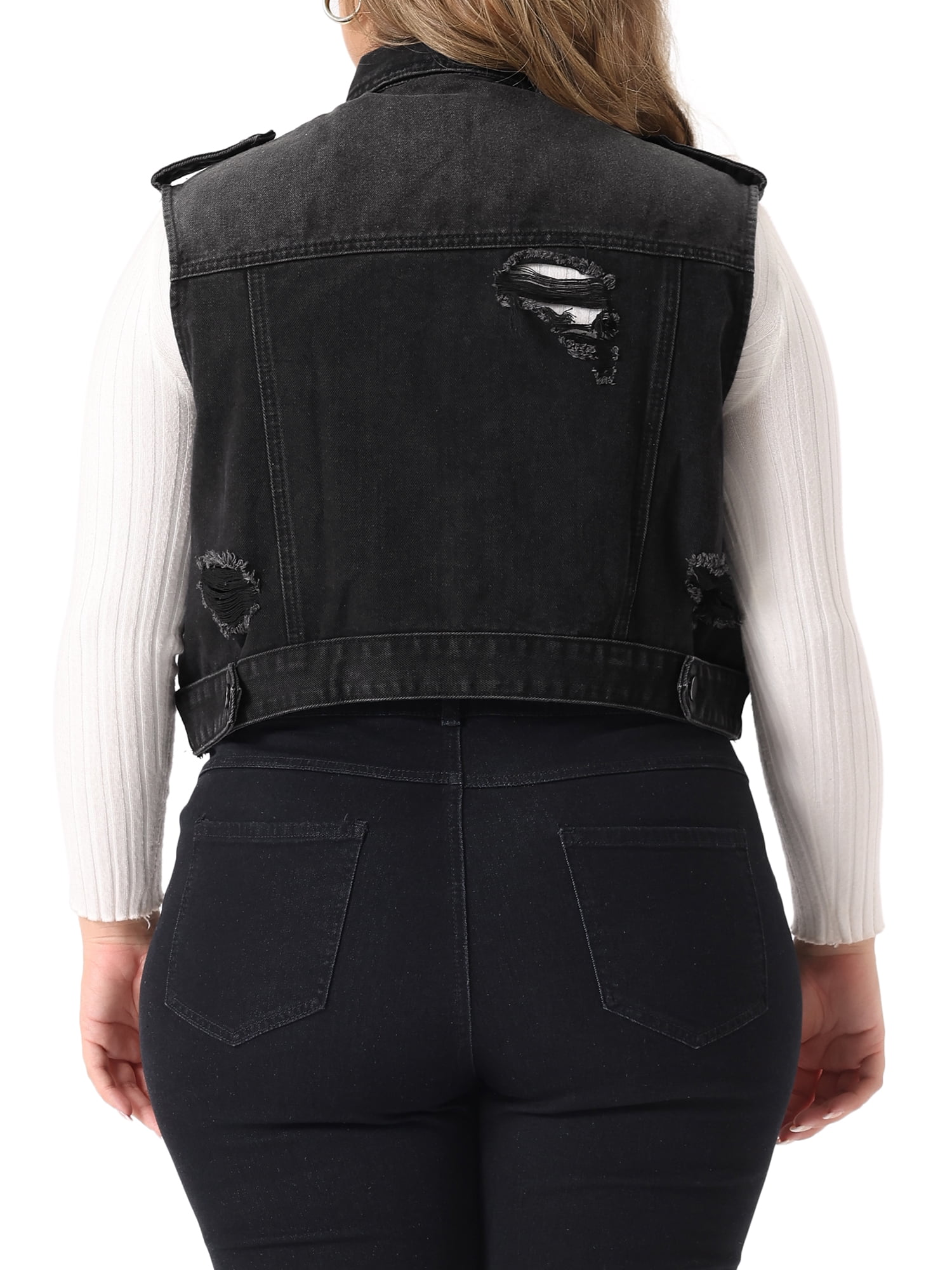 Unique Bargains Women's Plus Size Denim Sleeveless Chest Pockets Vests Jacket 2X Black