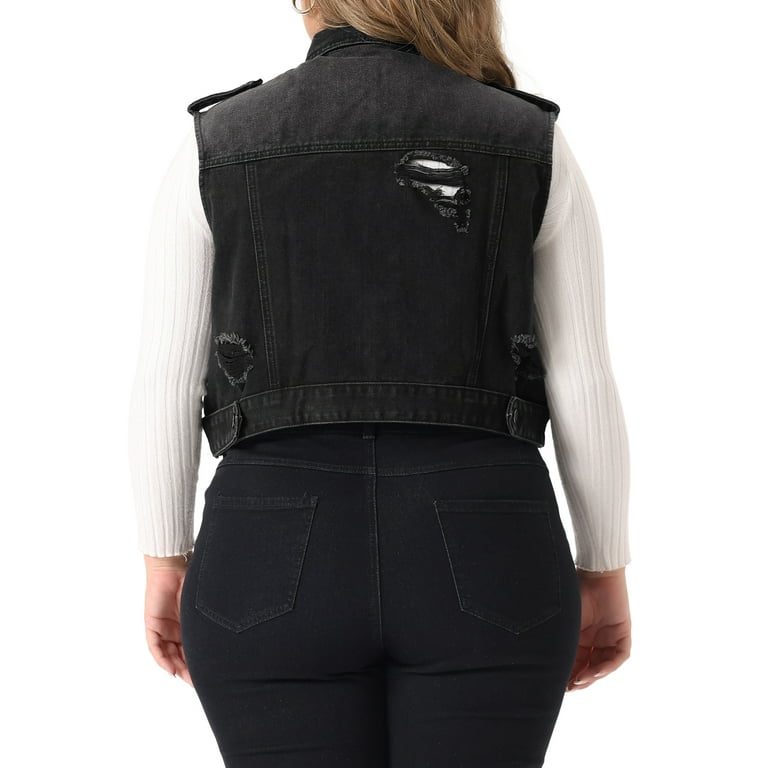 Unique Bargains Women s Plus Size Denim Sleeveless Chest Pockets Vests Jacket 1X Black Walmart