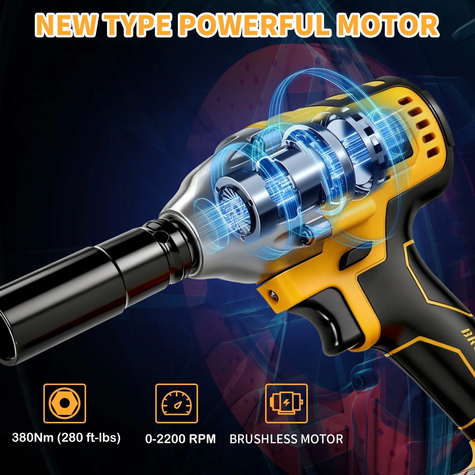 SUSUZI 20V Cordless Impact Wrench 1/2", 380Nm (280 ft-lbs) Max Torque Brushless Motor with 2 x 3.0A Batteries, Power Impact Wrench with 5 Sockets,8 Drill,6 Screws