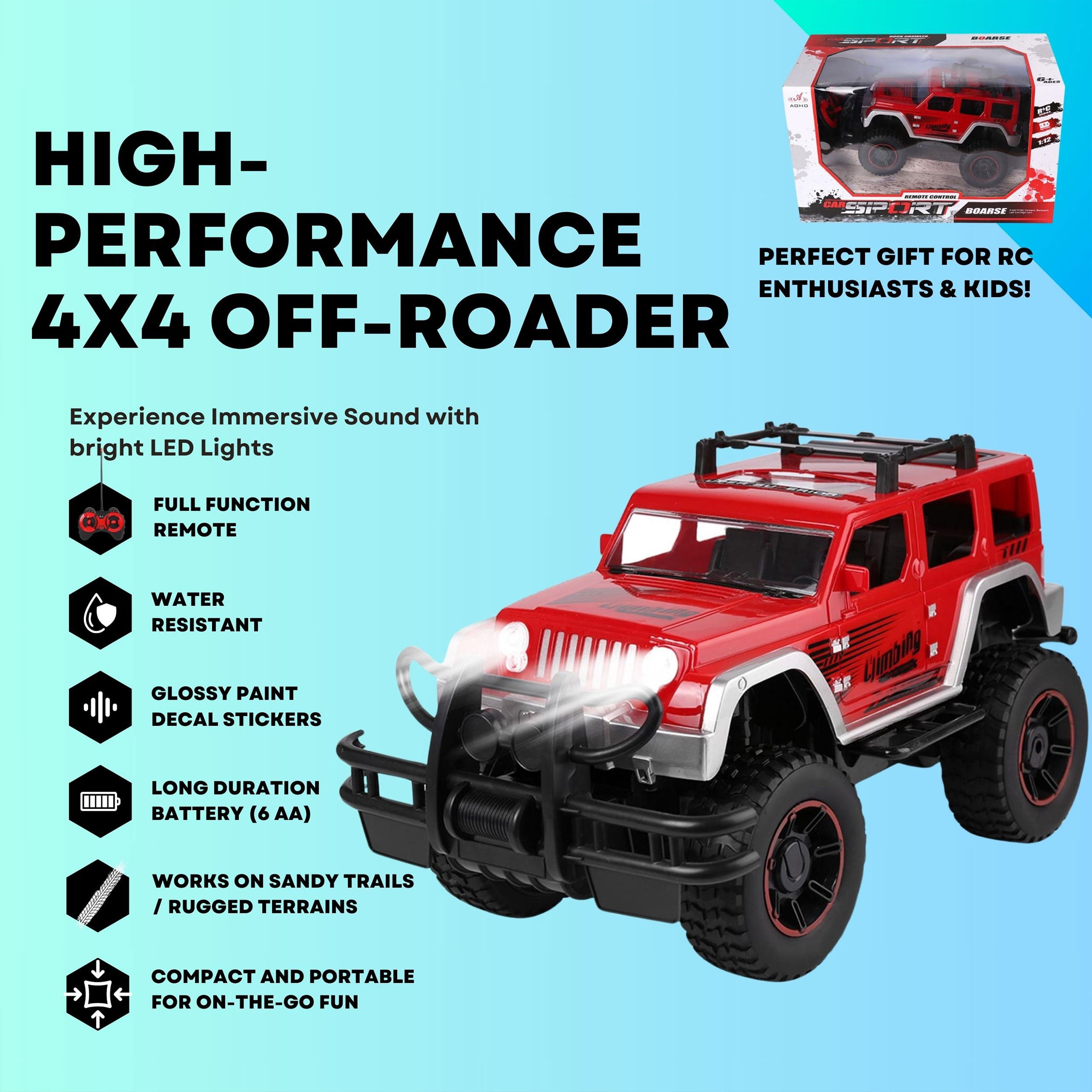 Remote Control Racing Jeep 1:16 Scale Radio Control Sports Car with Flashing Lights, Ideal Christmas Gift for Kids