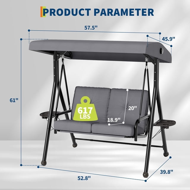Kojooin Balançoire de Porche Extérieure à 2 Places avec Support, Balançoire de Patio avec Auvent Réglable, Coussins et Porte-Gobelets