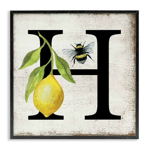 Stupell Industries Lemon & Bee H Letter Insects Painting Black Framed Art Print Wall Art, 12 x 12