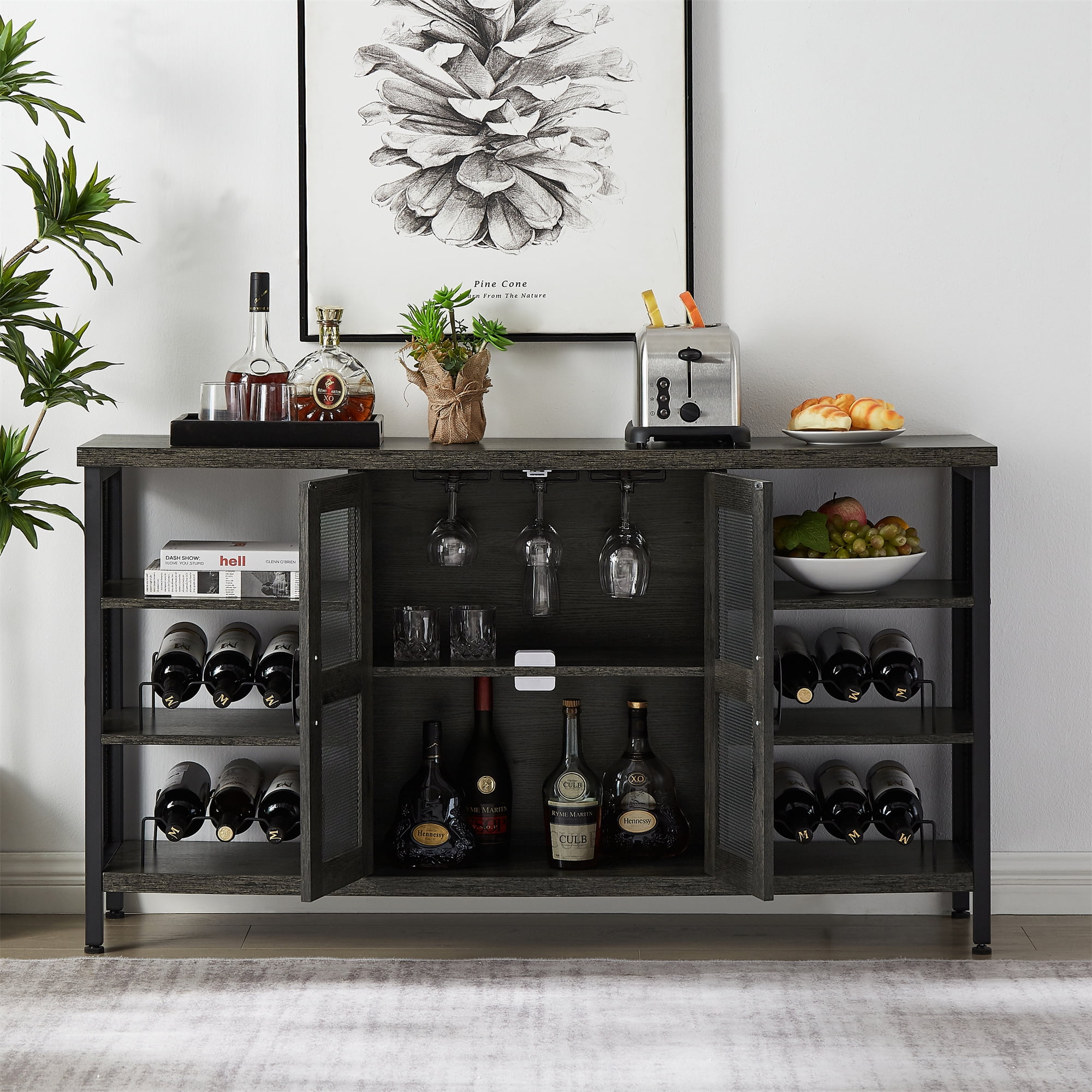 Rustic Narrow Console Table, Bar Sideboard with Wine Racks and Stemware Holder, Modern