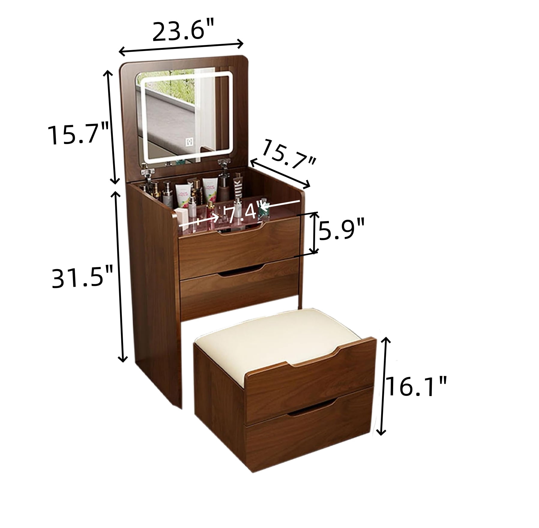 Aukfa 3 in 1 Vanity Set with Plip Top Mirror,Make Up Vanity Desk for Bedroom,Walnut