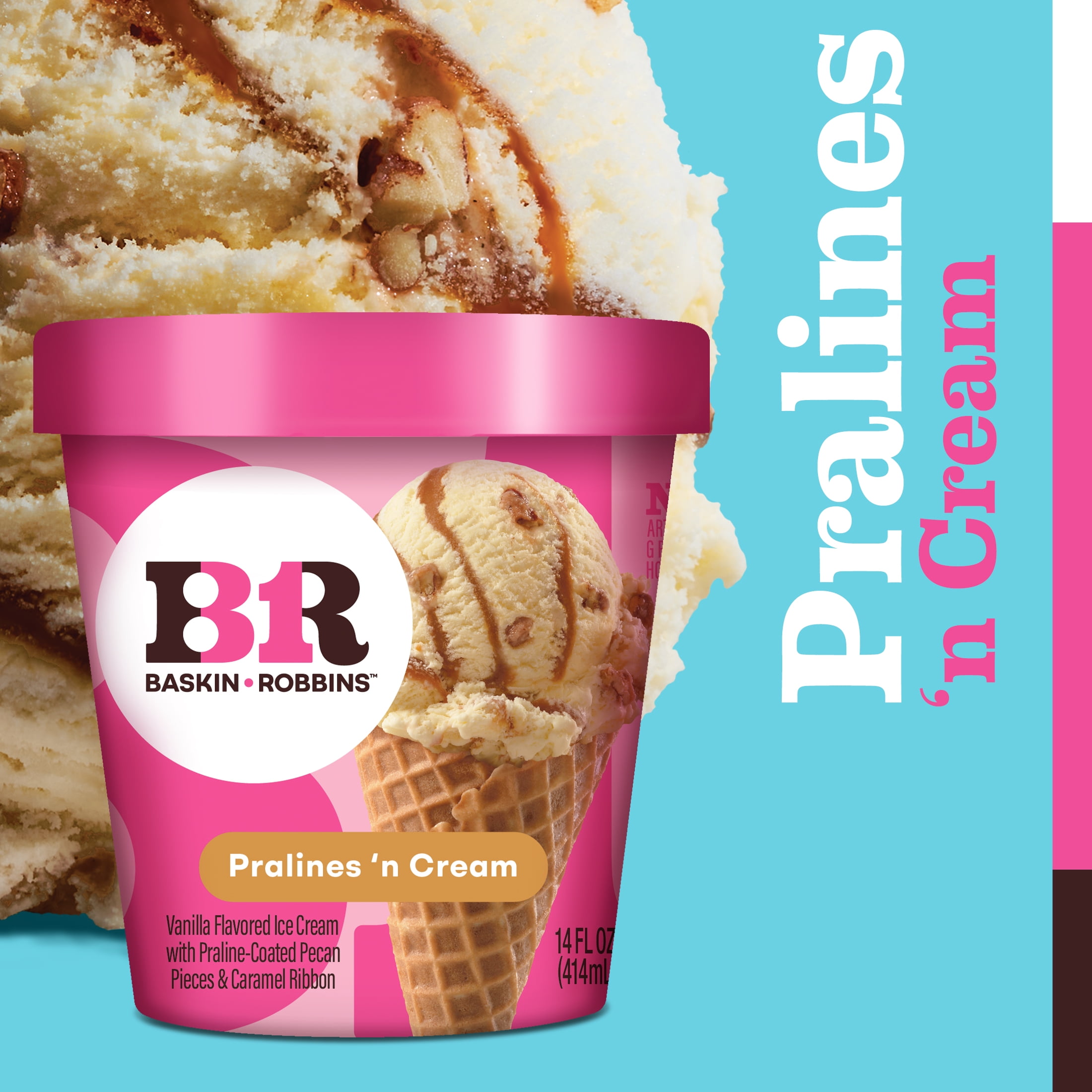 Baskin-Robbins Pralines ‘n Cream Ice Cream, 14 fl oz Cup – Vanilla Ice Cream with Caramel Swirl and Praline-Coated Pecans