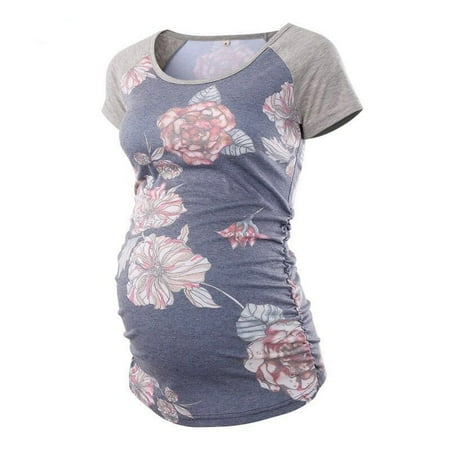 

Summer Savings Clearance! Edvintorg Flower Printed Maternity Tops For Pregnant Women Round Neck Side Pleated Short Sleeve Pregnancy Shirt Premama Embarazada