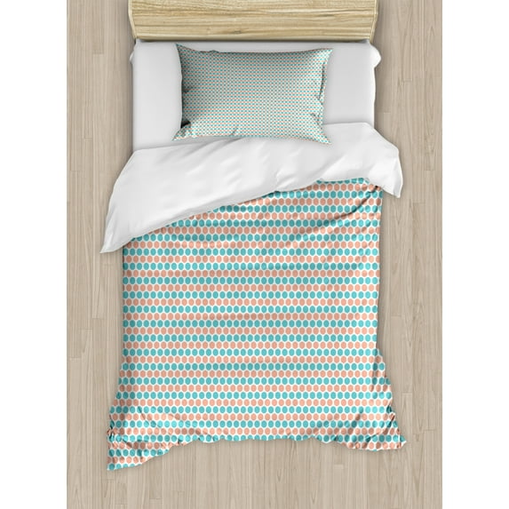Geometric Duvet Cover Set Twin Size, Big Dots Circles Rows in Pastel Color Shades Repeating Spots Pattern, Decorative 2 Piece Bedding Set with 1 Pillow Sham, Coral and Pale Blue, by Ambesonne