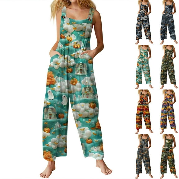 JULMCOMO Halloween Women's Jumpsuits, Rompers & Overalls Trendy Bat Print Wide Leg Overall Scary Soft Plus Size Sleeveless Jumpsuits Halloween Costumes Woman 2024 Fall Jumpers Army Green M