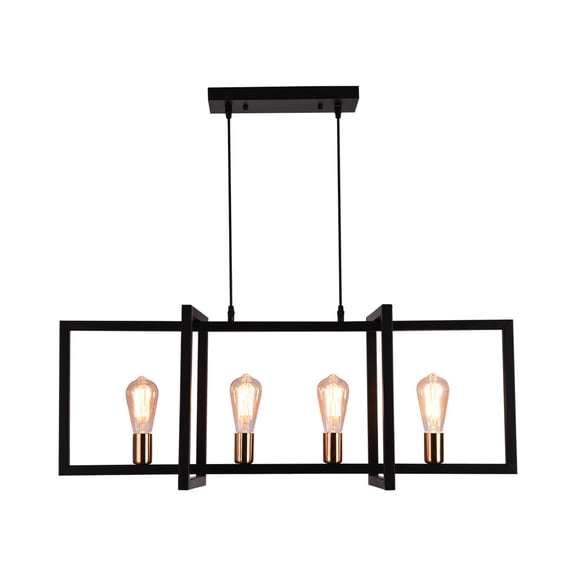 4-Light Vintage Farmhouse Black Metal Chandelier for Island Kitchen with Gold Lamp-Cup