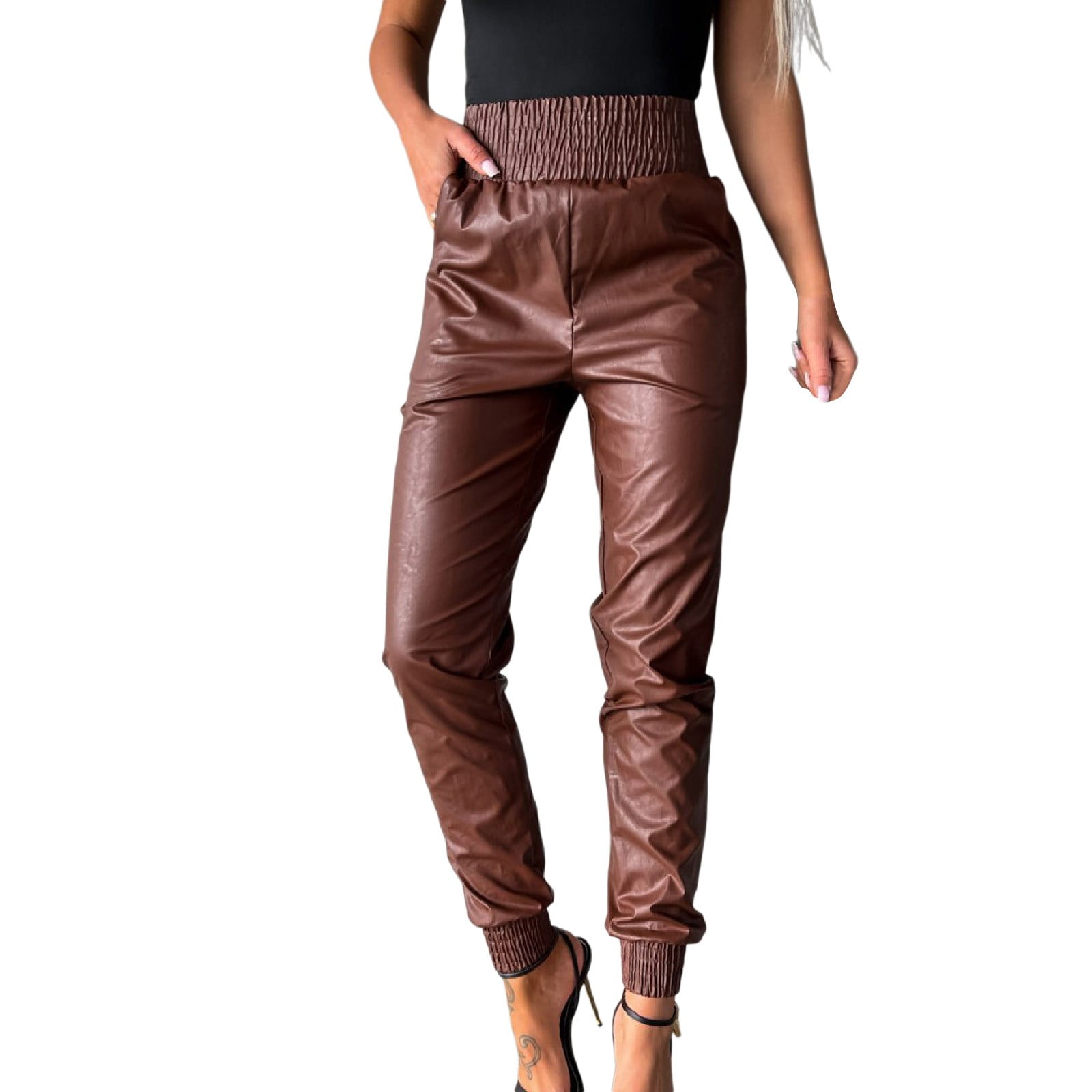 Aayomet Women's Smocked Waist Tapered Leg Pu Leather Jogger Pants