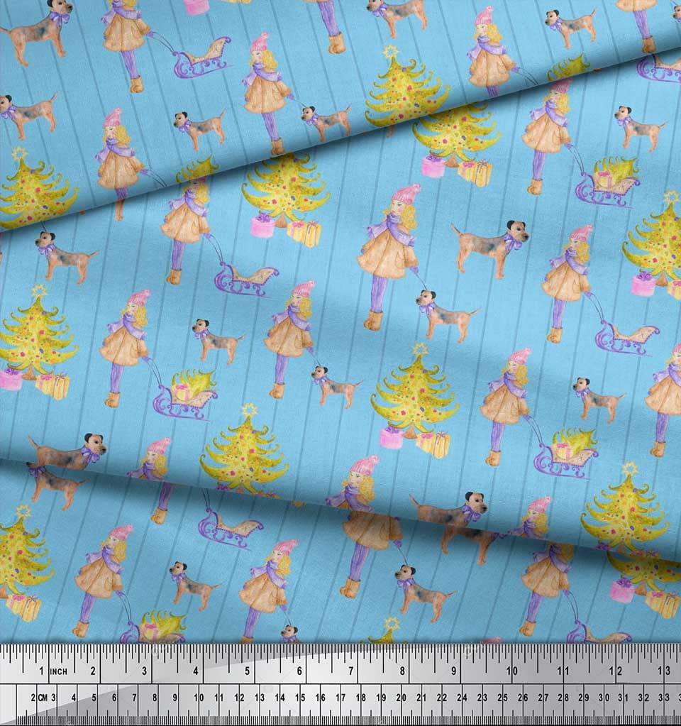 Soimoi Blue Rayon Crepe Fabric Women,Gift Box & Tree Christmas Print Fabric by the Yard 46 Inch Wide