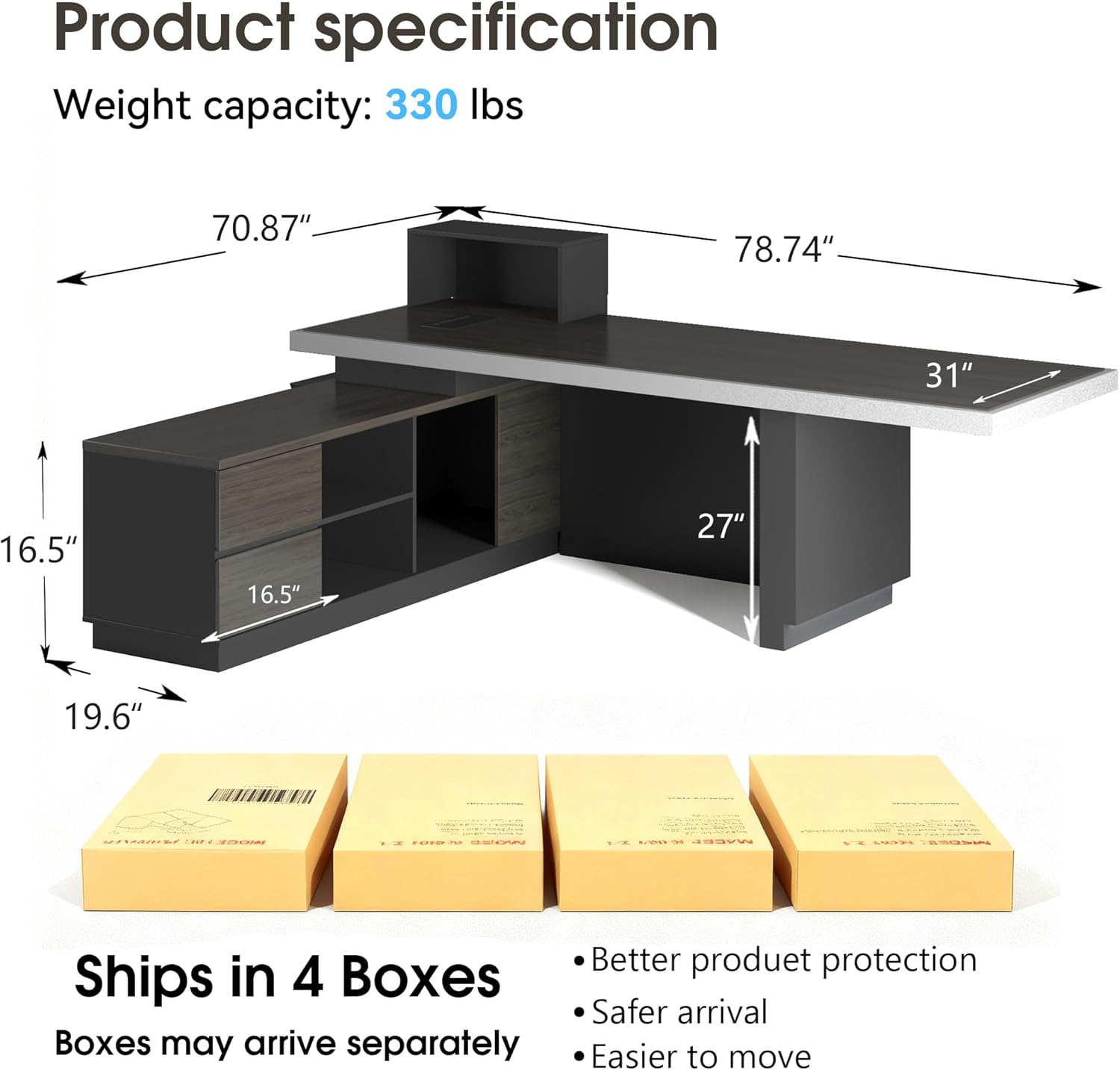 Vivvoo 78.7" Black  L Shaped Executive Desk with Drawers Light for Home Office(Left Return)