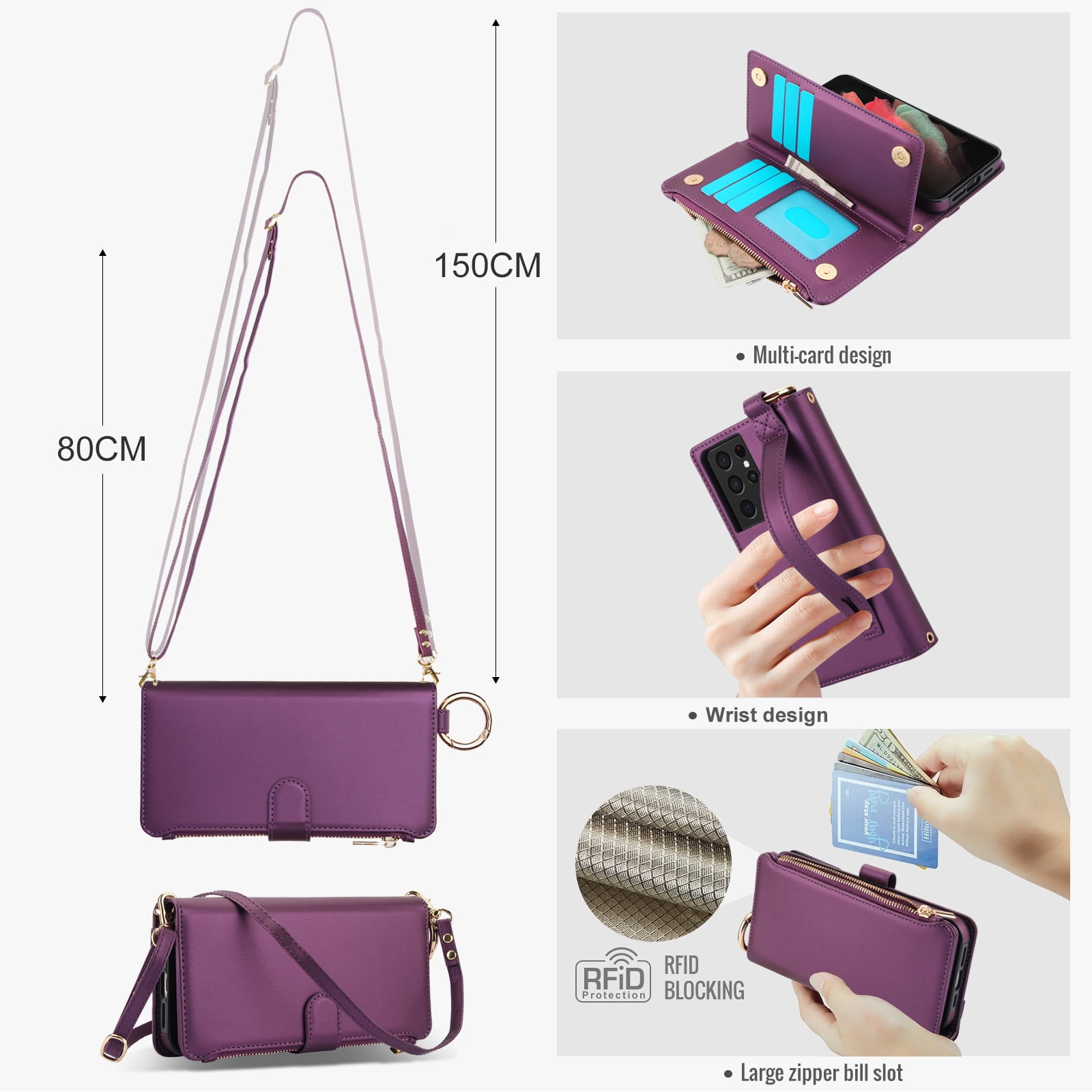 ELEHOLD For Samsung Galaxy S21 Ultra Phone Case Leather Crossbody Zipper Card Wallet Flip Case Kickstand Cover, with Ring Holder,Full Body Protection-Deeppurple