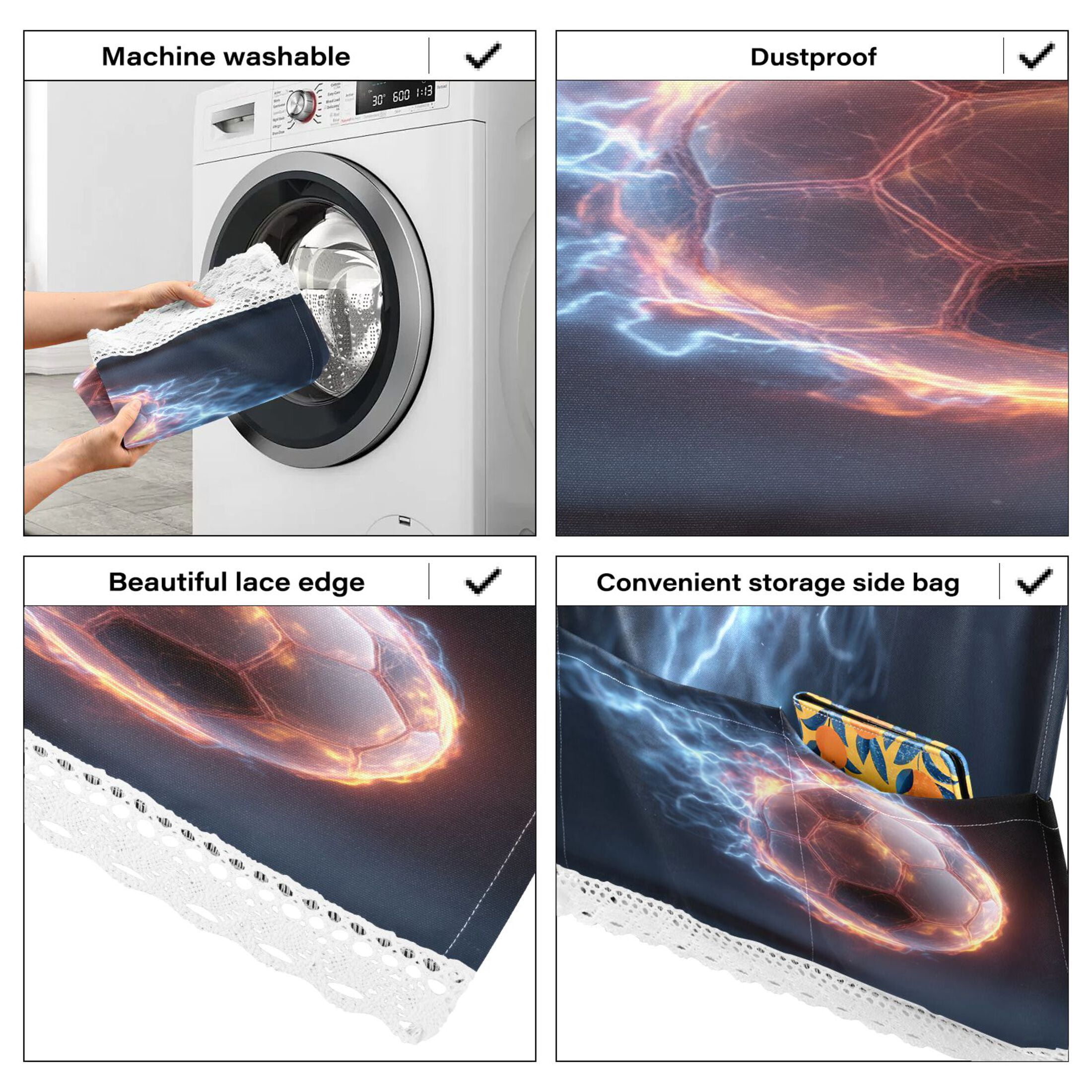 Wobogo Neon Lightning Soccer Washing Machine Cover Dustproof Washer Dryer Cover Waterproof Laundry Room Decorative Protector