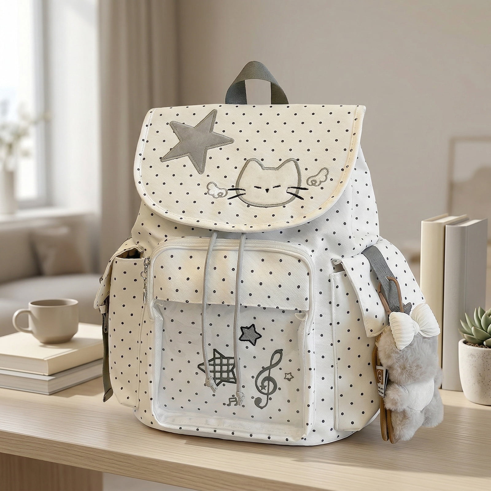 HUISZJ Polka Dot Cat School Backpack, Drawstring Schoolbag with Pendant, Large Capacity Laptop Backpack for Students College Travel, White