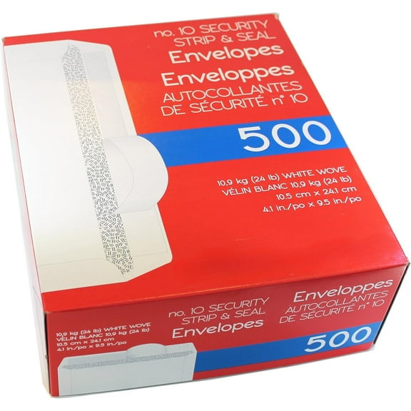 Envelopes, Strip & Seal, Security Tinted, White Paper, 24 lb, 500 Count