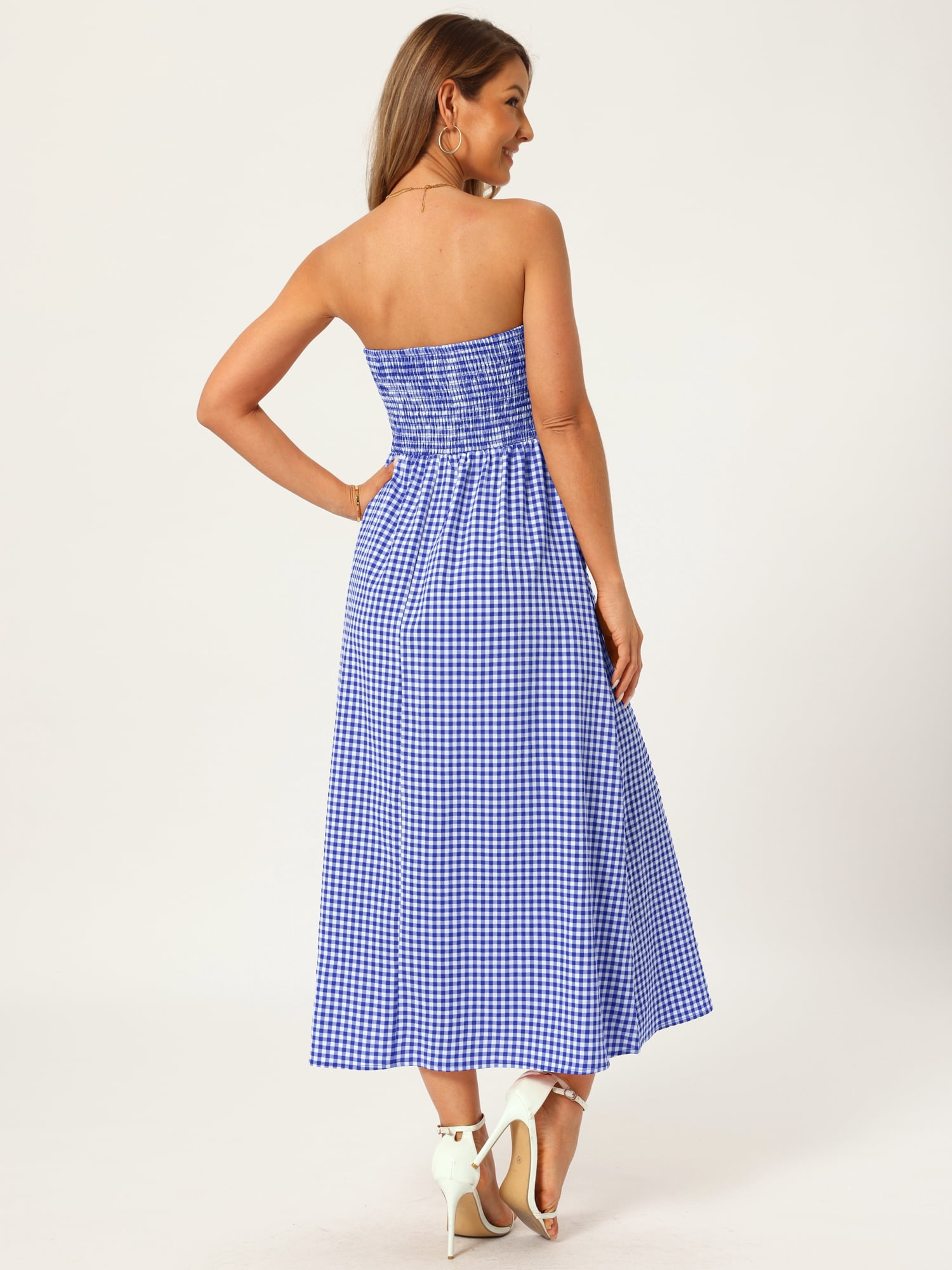 DARING DIVA Women's Gingham Strapless Maxi Summer Casual Sundress XL Blue