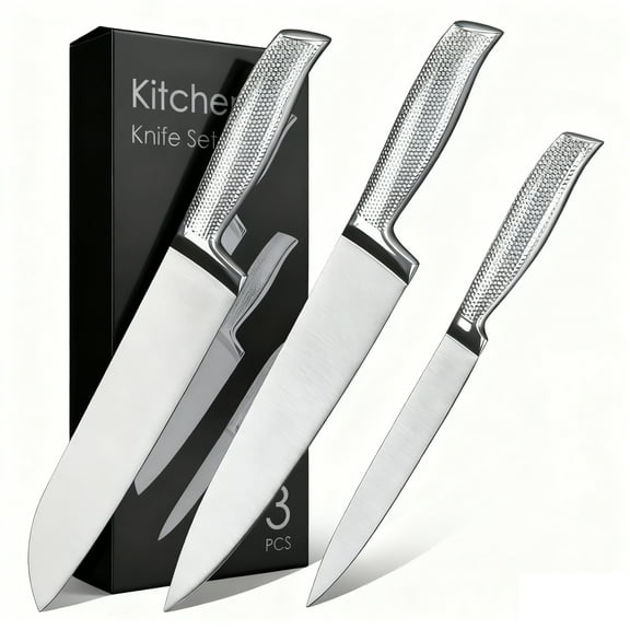 GoGeiLi 3-Piece Professional Chef Knife Set - 8" Chef, 7" Santoku, 5" Utility Knives - High-Carbon 5Cr15MoV Stainless Steel with Full Tang & Non-Slip Handle - for Home and Professional Kitchens