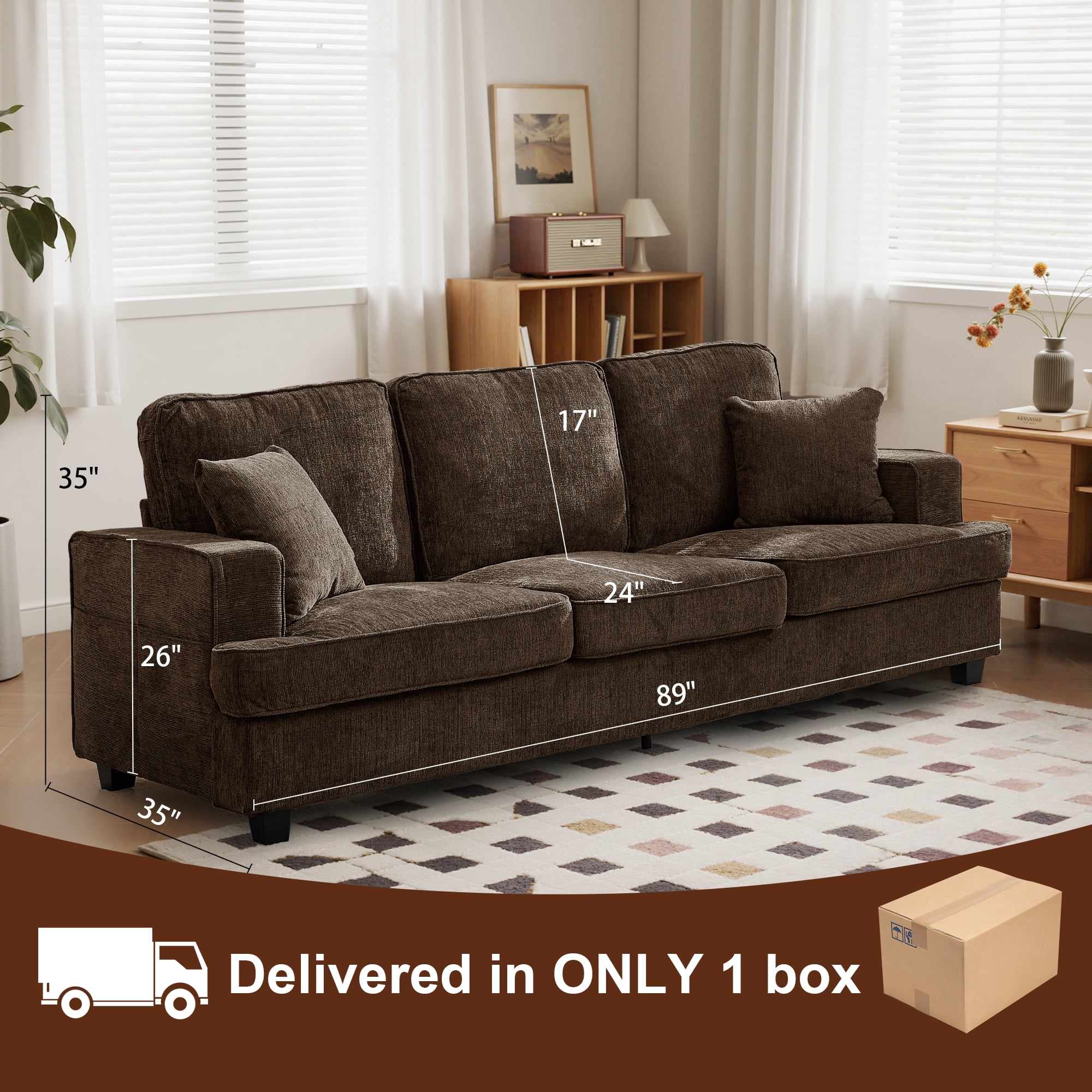 Korser 89" Chenille Sofa 3 Seater Couch with Extra Upholstered Deep Seats for Living Room,Removable Cover,Assembly Required,Brown