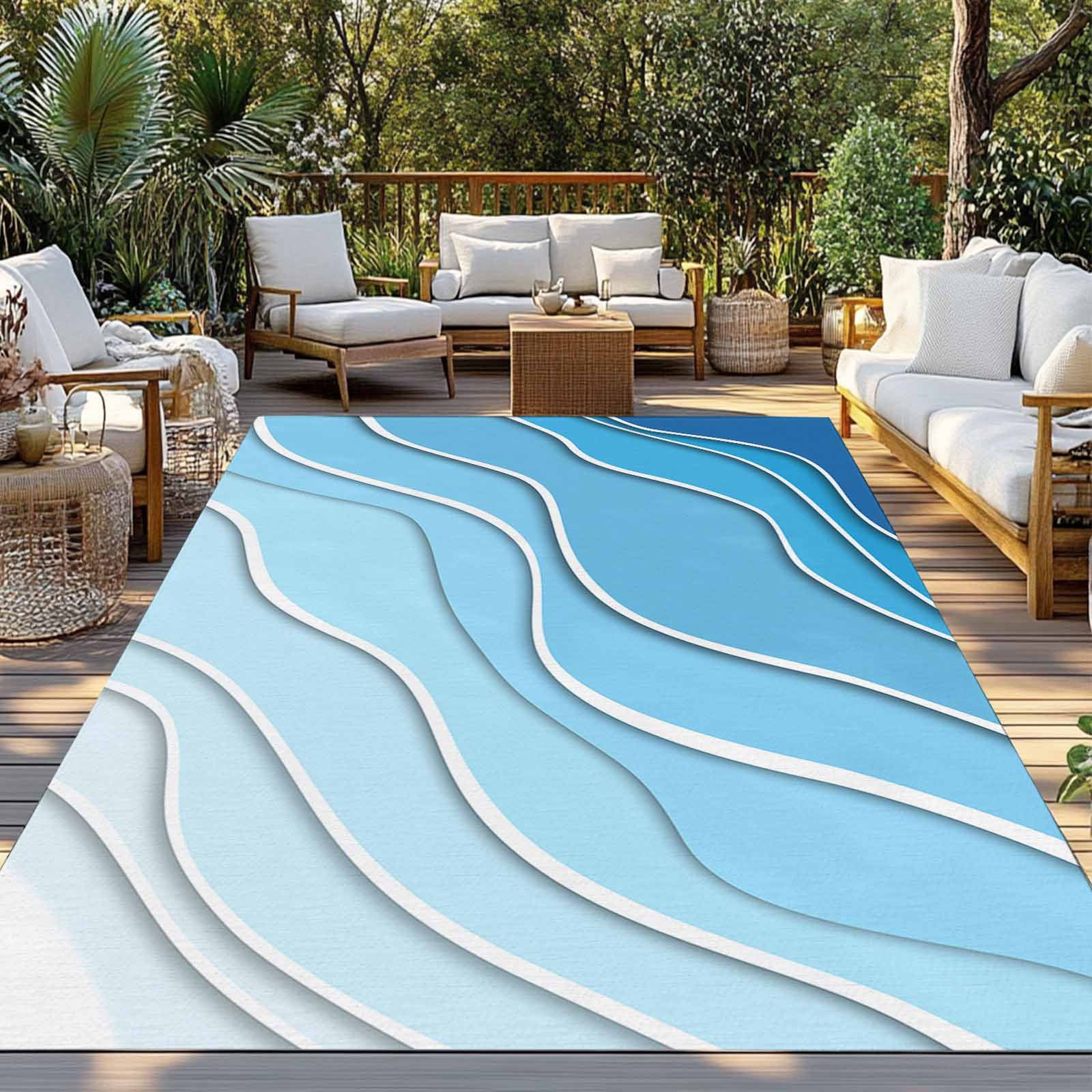5' x 8' Outdoor Rug, Blue Aqua Ombre Outdoor Washable Rug Large Floor Carpet, Modern Geometric Abstract Aesthetic Cream Non Shedding Area Rug for Outside Patio RV Porch Deck Balcony Camping