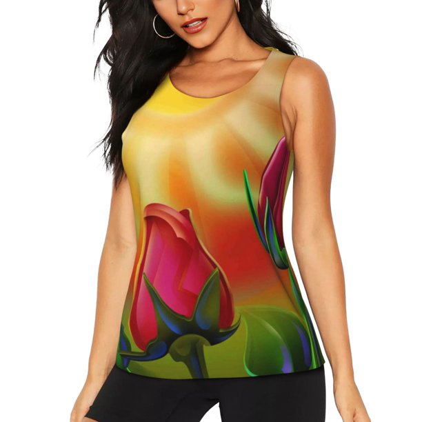 Balery Rose Psychedelic Camiseta sin mangas estampada ligera para mujer, tops de entrenamiento sin mangas, camisetas de yoga transpirables de secado rápido.-Small